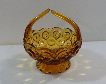 Vintage L.E. Smith Amber Moon & Stars pattern Glass 4" Footed Split Handled Basket