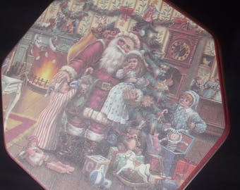 Vintage Santa with Children Holiday Octagonal Tin Box with Lid ~ Retro 80s Christmas Storage Decor