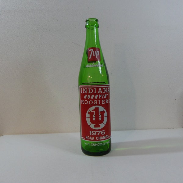 Vintage 7up Indiana Hoosiers basketball 1976 NCAA Champs Commemorative green glass Soda Bottle