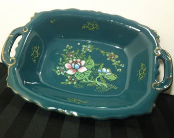 Vintage Japanese ceramic Handled Rectangular Bowl with Handpainted Floral design & gold accents