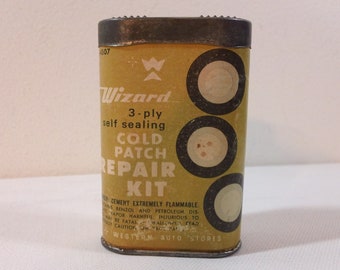 Vintage 50-tals Wizard-märket självtätande kalltätande gummireparationssats A-4507 behållare ~ Western Auto Stores reklam