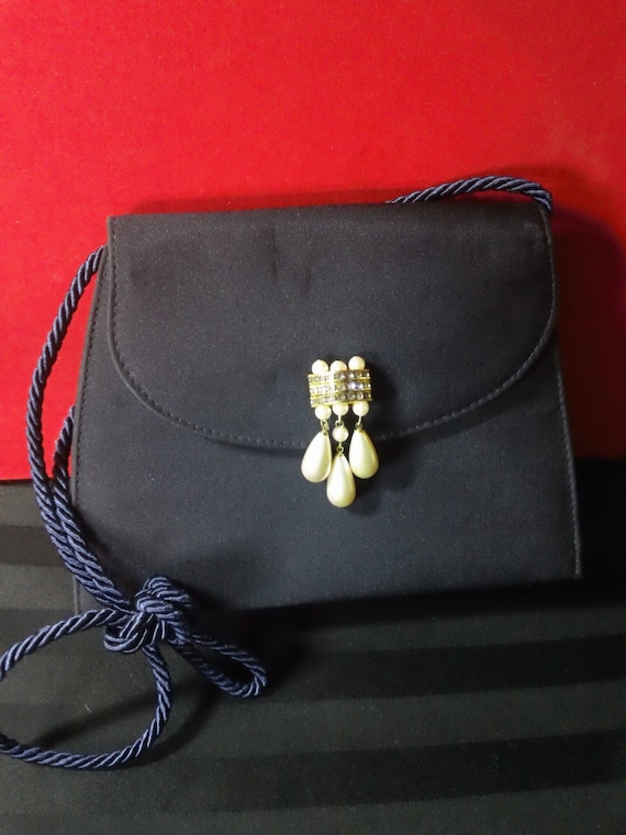 Navy Blue Evening Bag with Rhinestone and Faux Pea