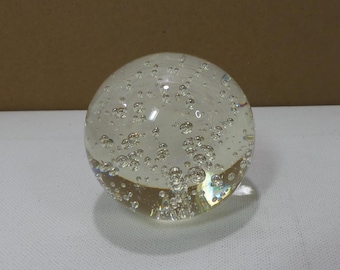 Spherical Blown Art Glass Clear 2.5" Paperweight with Controlled Bubbles