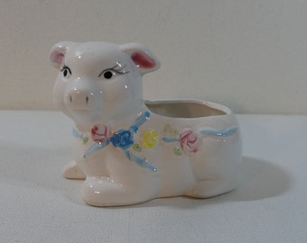 Vintage ceramic Pig Planter with Flower & Bow Design