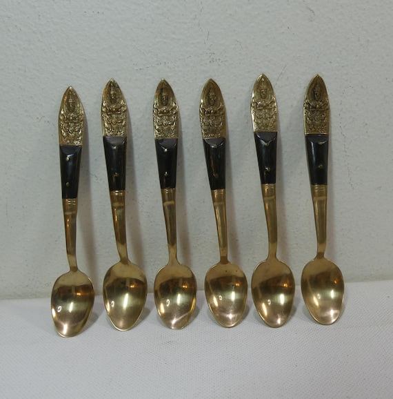 アンティーク　デミタス　スプーン サイアム ブラス&ウッド 5インチ ブッダ デミタス スプーン 6本セット