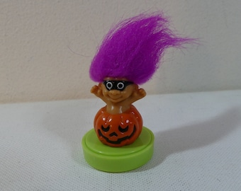 Vintage 90s Russ Halloween Mini Troll with Purple Hair in Jack 'o Lantern Trick or Treat Rubber Stamp