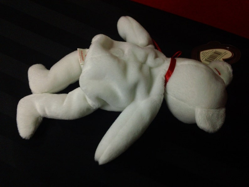 Valentino ~ Ty Beanie Babies Plush White Bear with Embroidered Red Heart ~ Vintage Collectible Beanbag Stuffed Animal Toy