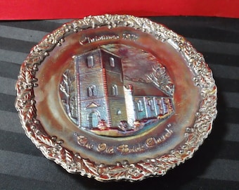 Vintage 1971 Fenton Christmas in America 8" Carnival Glass Collector Plate ~ The Old Brick Church