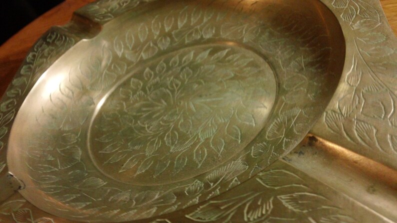 Vintage 7.5 Square Brass Ashtray with etched Floral Design