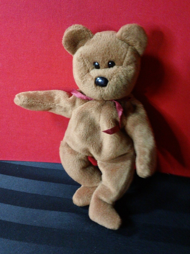 Teddy ~ Ty Beanie Babies Plush Bear with Burgundy Ribbon ~ Vintage Collectible Beanbag Stuffed Animal Toy