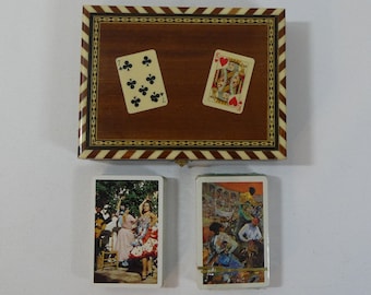 Two vintage Decks of Fournier Vitoria Playing Cards with Spanish-themed back design in Marquetry Inlay Wooden Box with Hinged Lid