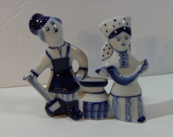 Vintage Gzhel ceramic Russian Folk Worker & Peasant Couple Duo Figurine