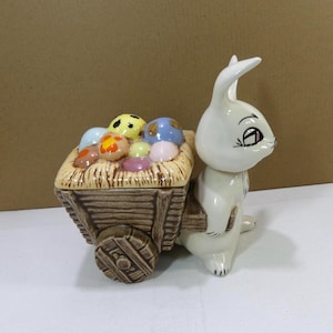 Vintage Ceramic White Rabbit with Cart of Easter Eggs Covered Candy Dish