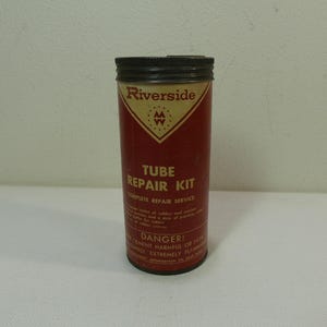 Montgomery Ward Riverside brand Tube Repair Kit Canister with partial contents ~ vintage 60s advertising