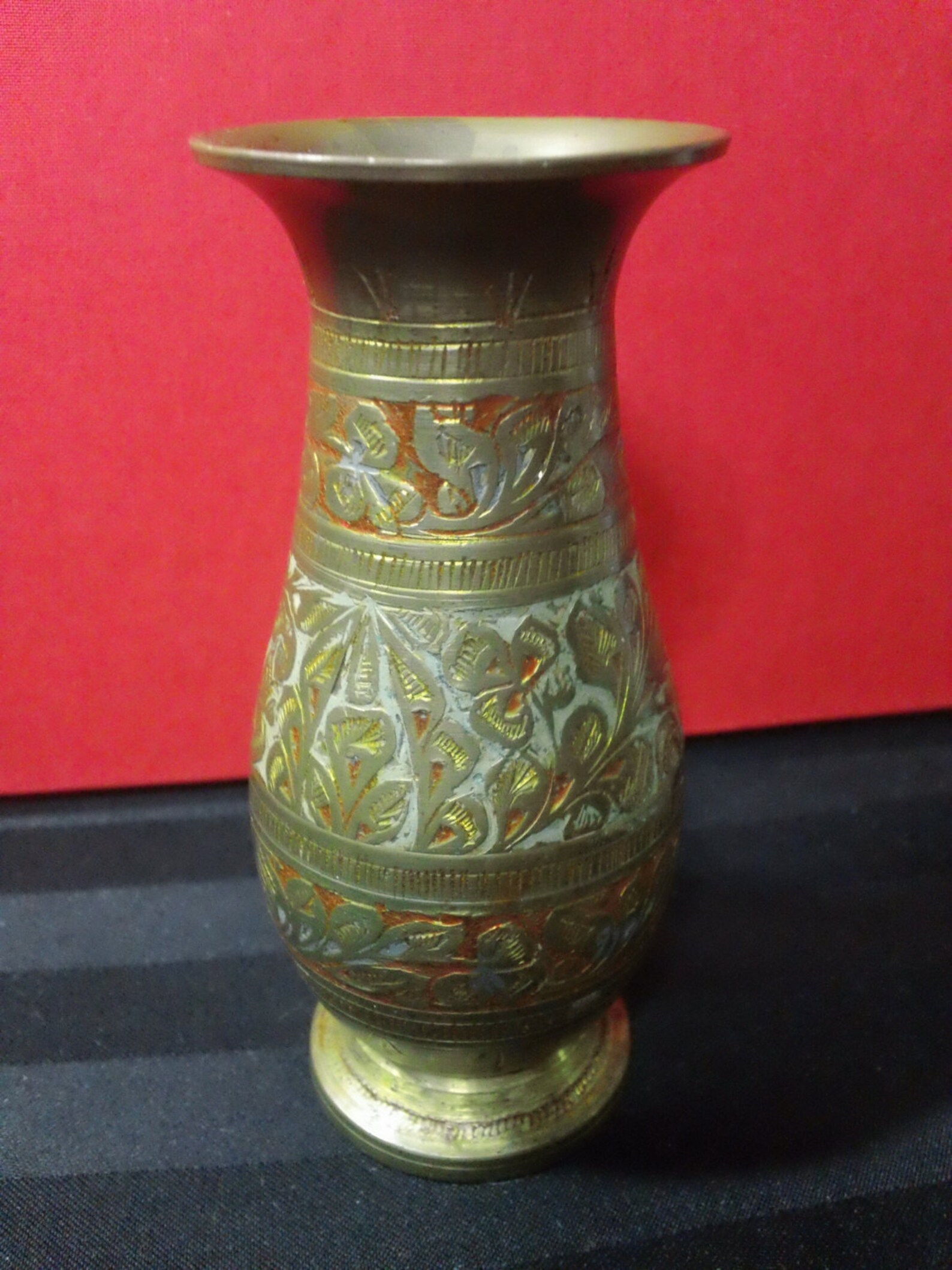 Vintage 5 India Brass Vase with etched enameled Leaf & Etsy