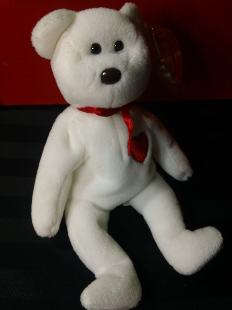 Valentino ~ Ty Beanie Babies Plush White Bear with Embroidered Red Heart ~ Vintage Collectible Beanbag Stuffed Animal Toy