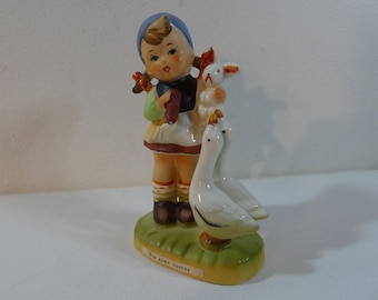 Vintage Arnart 5th Ave Hand-painted Porcelain "Big Game Hunter" Girl with Geese & Rabbit Hummel style Figurine
