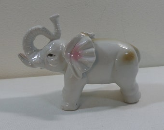 Vintage White Glazed Ceramic Elephant with Pink & Brown Accents Figurine