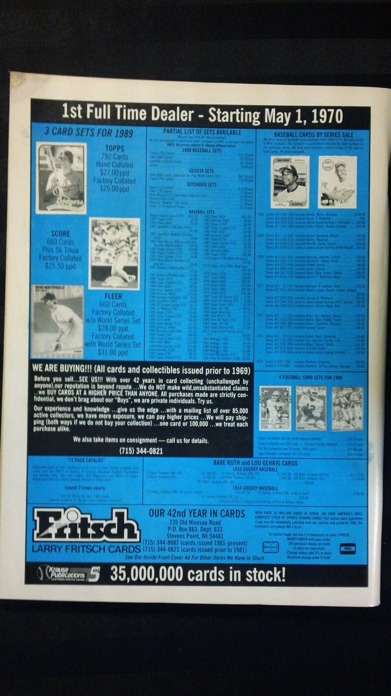 Baseball Cards Krause Publications, Dec 1989 vintage 80s Monthly Magazine /& Price Guide with trading insert cards ~ Tom Gordon cover