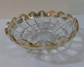 Antique c.1910 EAPG Tarentum Glass Co. Verona pattern (aka Waffle & Star Band) 6" Bowl with gold rim