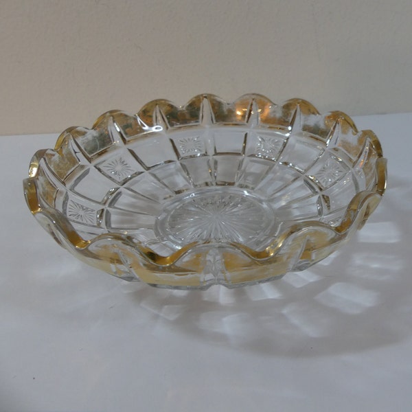 Antique c.1910 EAPG Tarentum Glass Co. Verona pattern (aka Waffle & Star Band) 6" Bowl with gold rim
