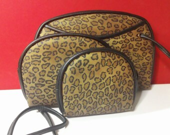 Leopard Print Crossbody Handtasche, Kosmetiktasche und Coin-Geldbörse-Set ~ Jahrgang Tier Print Koordination Umhängetasche, Schmink Tasche & Portemonnaie