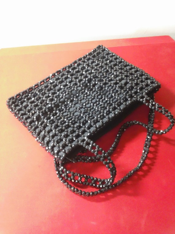 Vintage Faceted Black Beaded Handbag ~ Retro Elega