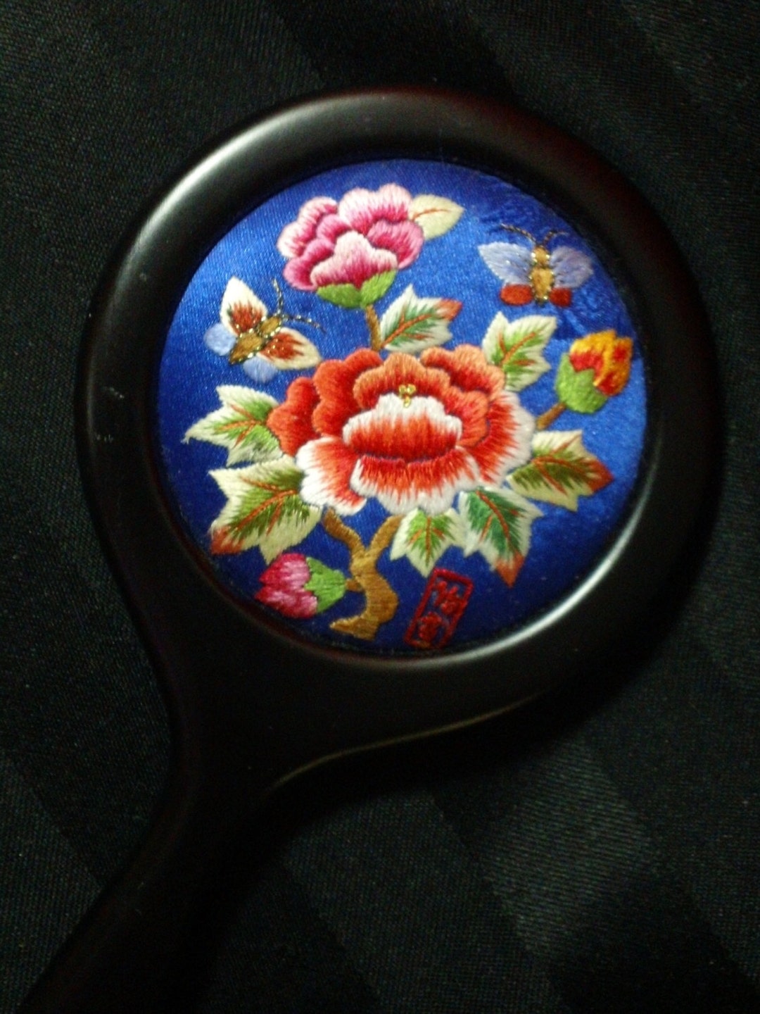 Small Black Hand Mirror With Handle and Traditional Chinese Floral Embroidery Etsy