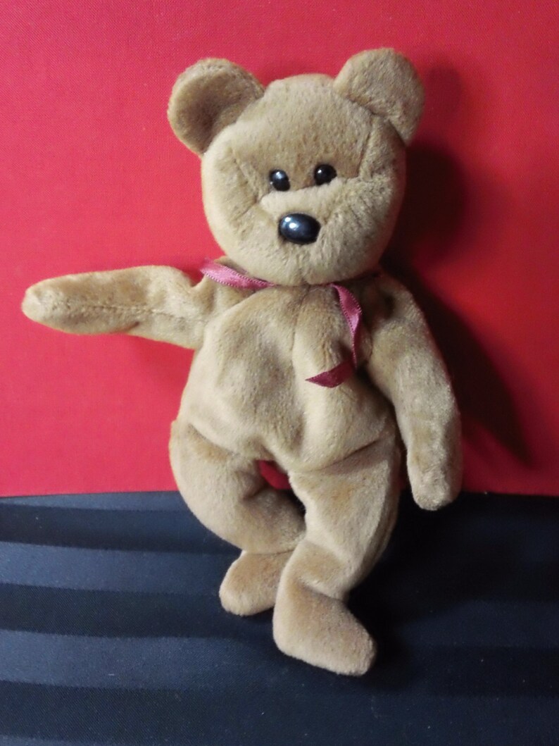 Teddy ~ Ty Beanie Babies Plush Bear with Burgundy Ribbon ~ Vintage Collectible Beanbag Stuffed Animal Toy