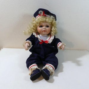 Vintage 12&quot; Blonde-Haired Girl Porcelain Doll in Navy Blue Sailor outfit ~ Connie Walser Derek