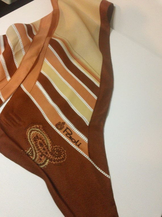 Brown, Deep Peach and Tan Striped Paisley Long Ob… - image 2