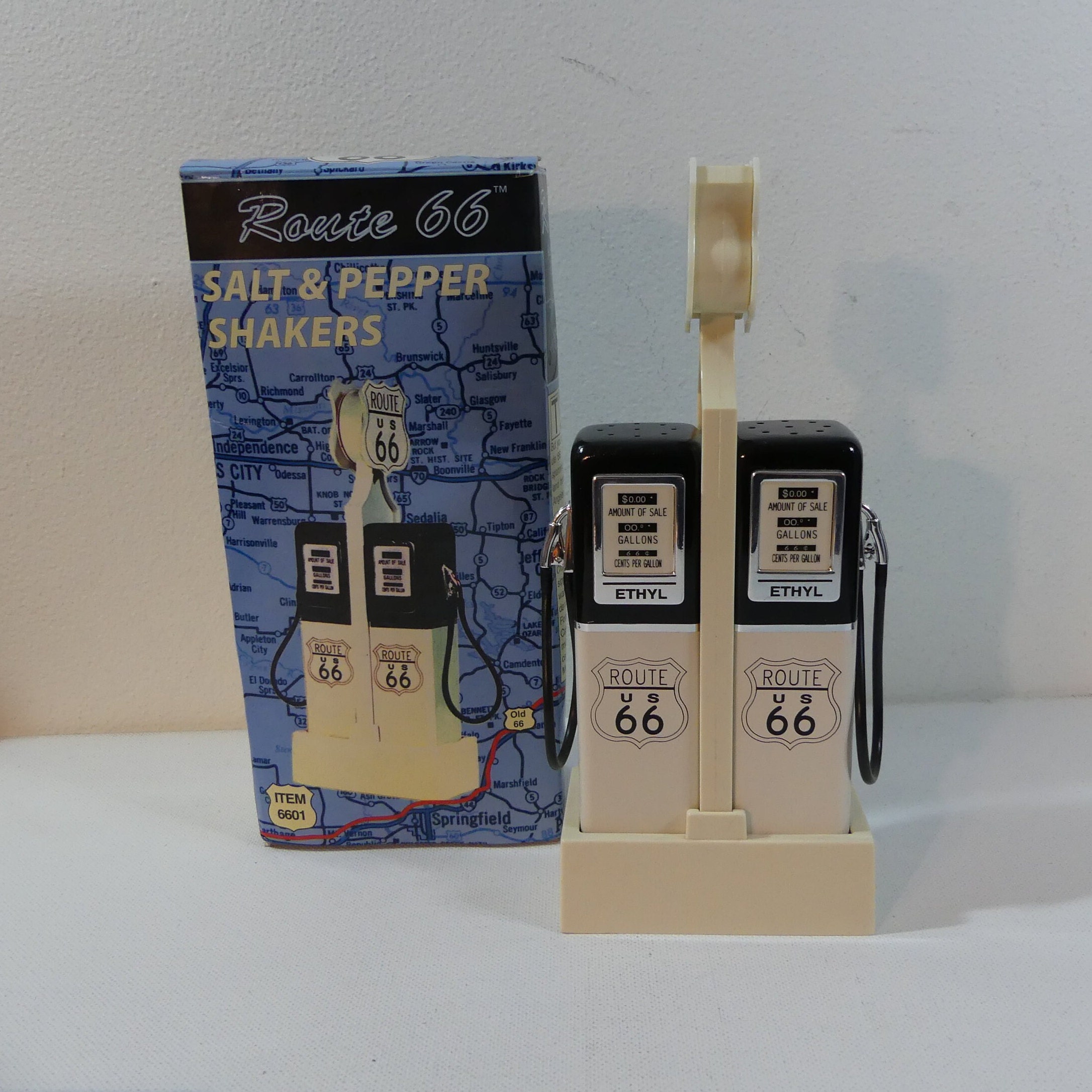 Vintage Collectible Lighted Route 66 Gas Pump Salt Pepper Shaker Set