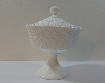 Vintage 70s Fenton Silver Crest Spanish Lace pattern Milk Glass Footed Candy Dish with Lid
