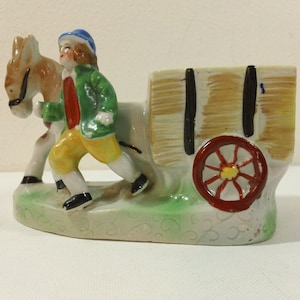 ヴィンテージ手描き磁器製 馬と荷車を持つ男性フィギュアプランター ~ 日本製