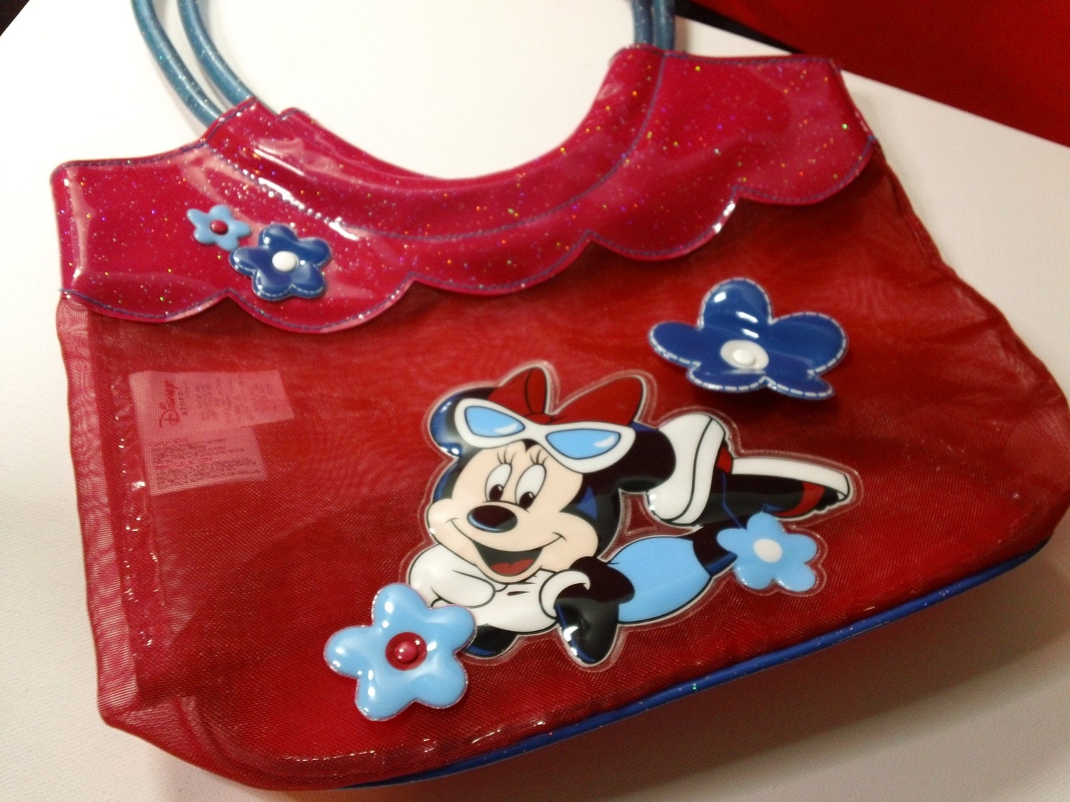 Minnie Mouse Mesh Tote Bag With Blue Glitter Handles Vintage