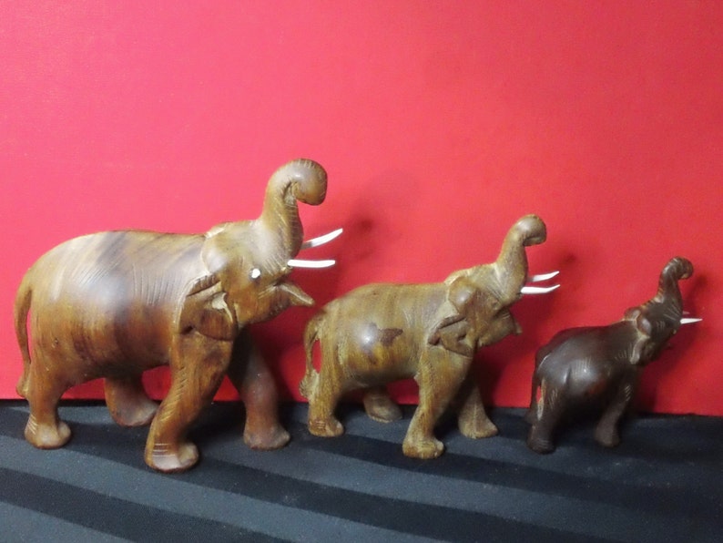 Carved Wooden Elephant Trio Vintage Wood Elephants in Etsy