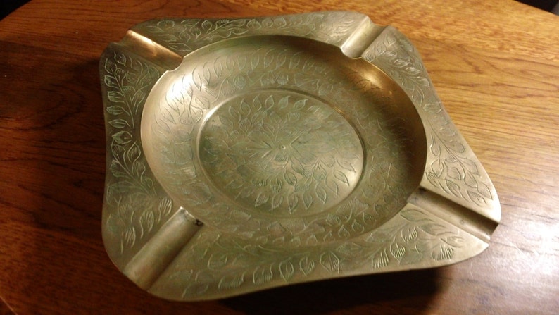 Vintage 7.5 Square Brass Ashtray with etched Floral Design