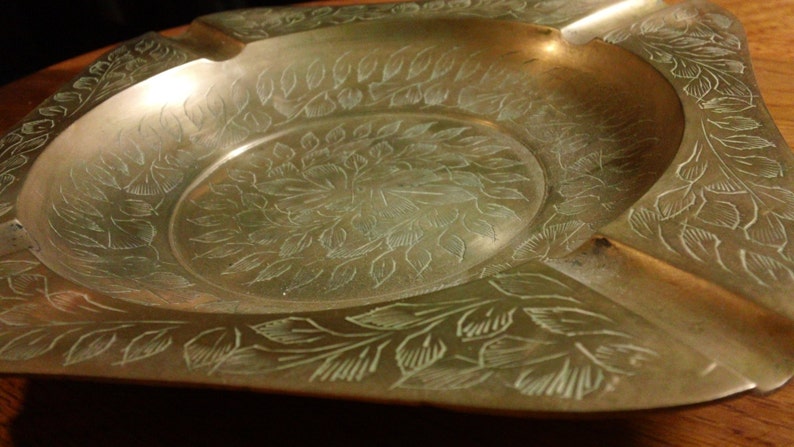 Vintage 7.5 Square Brass Ashtray with etched Floral Design