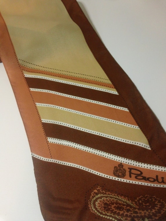 Brown, Deep Peach and Tan Striped Paisley Long Ob… - image 1