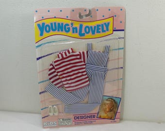 Vintage 90s Young 'n Lovely Designer Doll Outfit for 11.5" Fashion Dolls ~ Striped Overalls & Shirt ~ Factory-Sealed