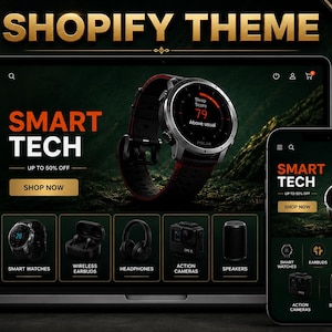 Puede incluir: Un ordenador portátil y un smartphone mostrando un tema de Shopify para una tienda de tecnología. Las pantallas presentan el texto SMART TECH, un reloj inteligente con correa roja y negra, e iconos de relojes, auriculares, cámaras y altavoces.