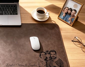 Tapis de bureau en cuir personnalisé à partir de photo, tapis de souris dessin au trait personnalisé pour papa, cadeau fête des pères pour mari, tapis de souris de bureau photo papa