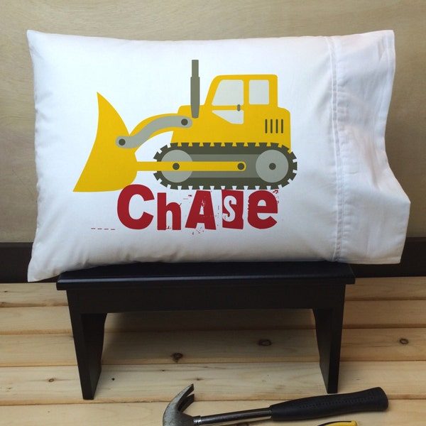 Personalized Kids Travel Pillow, Personalized Pillow for Boy with Bulldozer, Custom Small Pillow Case with Insert, Kids Pillowcase with Name