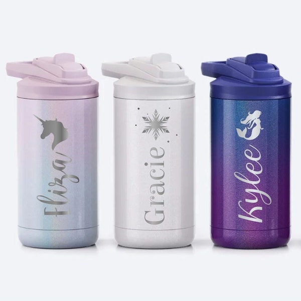 Kids Glitter Water Bottle Tumbler with Straw Personalized with Engraved Name / Sparkly 12oz insulated water bottle