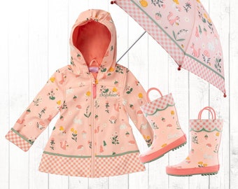 Kids Strawberry Raincoat Personalized with Embroidered Name / Complete Set Optional - Matching  Raincoat Rain boots & Umbrella