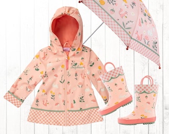 Kids Strawberry Raincoat Personalized with Embroidered Name / Complete Set Optional - Matching  Raincoat Rain boots & Umbrella