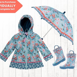 May include: A blue raincoat with a floral pattern, a matching umbrella, and a pair of blue rain boots. The raincoat has a hood and a zipper closure. The umbrella has a white handle. The boots have a white trim. Available to purchase individually or as a complete set.