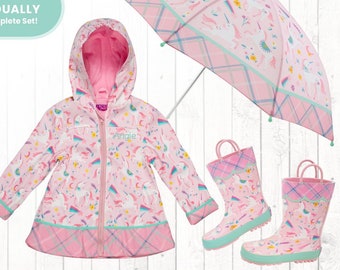 Unicorn Rain Gear Personalized / Complete Set Optional - Matching Unicorn Raincoat Rain boots & Umbrella