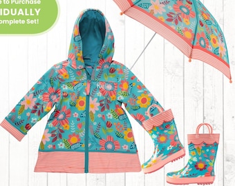 Retro Flower Raincoat Personalized / Complete Set Optional - Little Girls Turquoise Flower Rain Jacket Rain boots Umbrella