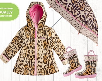 Leopard Print Raincoat Personalized with Embroidered Name / Complete Set Optional - Matching Cheetah Print Rain Jacket Rain boots & Umbrella